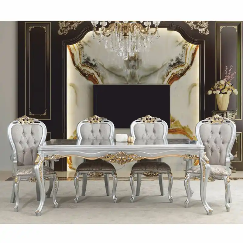 Top-Preis Casa Padrino Conjunto de Comedor Barroco de Lujo Gris / Plata / Oro - 1 Mesa de Comedor y 8 Sillas