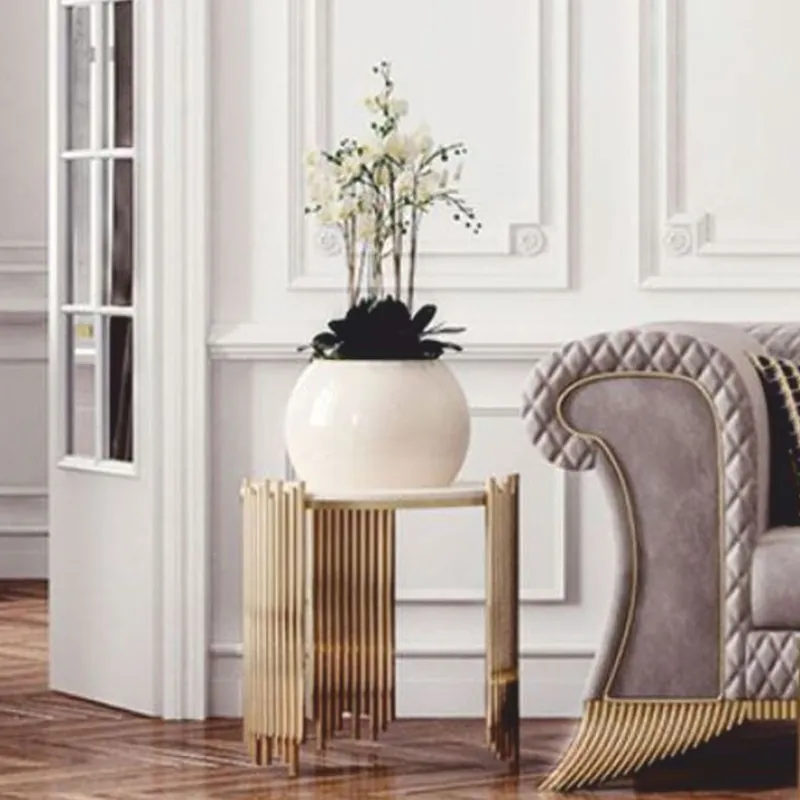Casa Padrino mesa auxiliar de lujo con tablero de mármol artificial blanco / oro Ø 59 cm Zertifiziert
