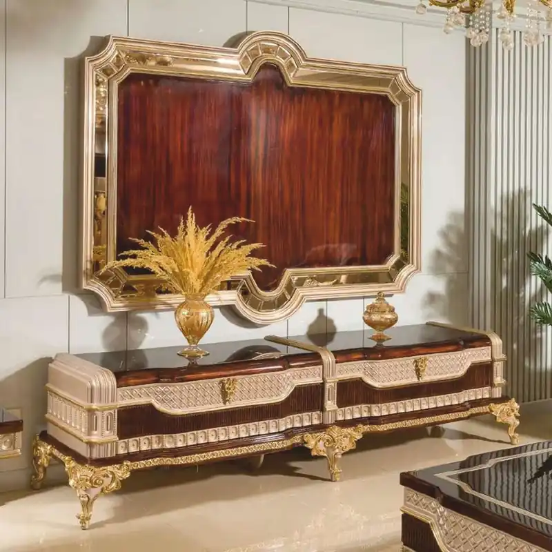 Casa Padrino Armario de TV Barroco de Lujo con Panel Trasero Marrón Oscuro / Gris / Oro - Muebles Barrocos Sofort Bestellen