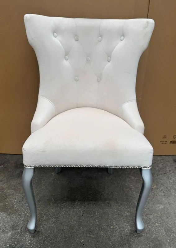 Casa Padrino Art Deco Esszimmer Stuhl Weiß / Silber / Grau H. 97 cm - Esszimmer Möbel Neuheit