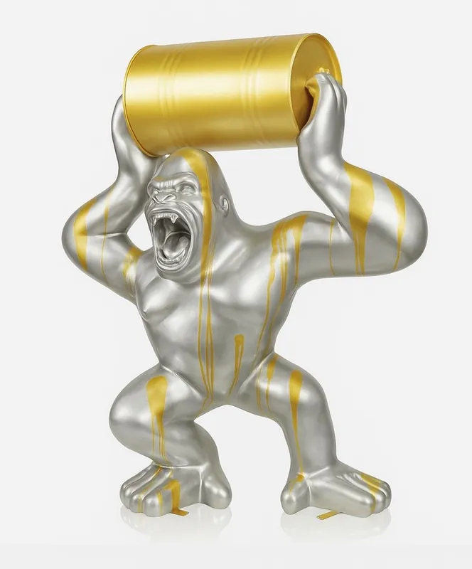 Wochenendangebot Casa Padrino escultura decorativa XXL gorila con barril plata / oro Al. 240 cm - Figura de jardín