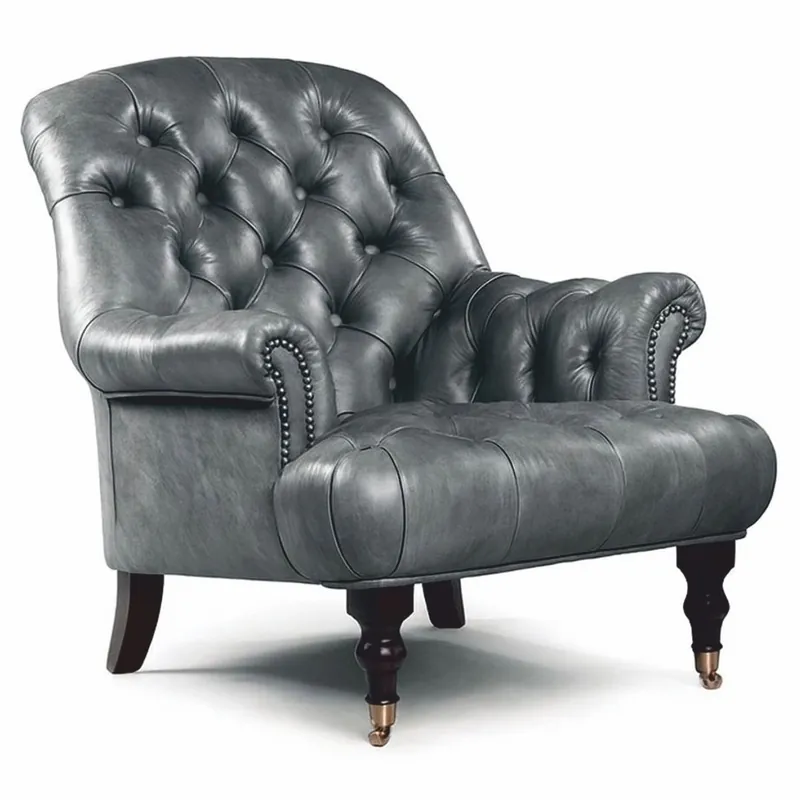 Versand Am Gleichen Tag Casa Padrino sillón Chesterfield de lujo de cuero genuino gris / marrón oscuro / latón Al. 89 cm