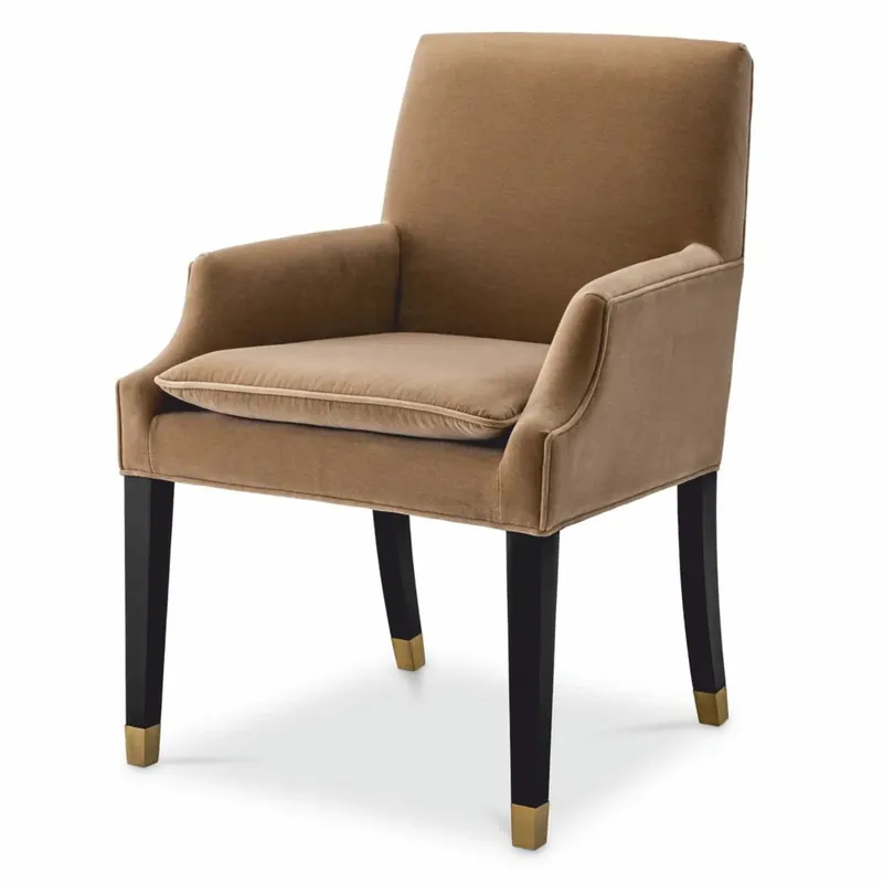 Casa Padrino silla de comedor de lujo con reposabrazos marrón claro / negro / latón Al. 90 cm Schneller Versand