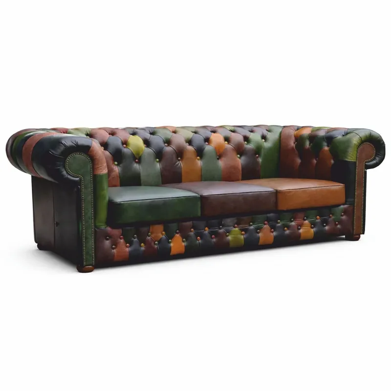 Casa Padrino Sofá Chesterfield Patchwork de Lujo en Piel Auténtica Multicolor 200 cm - Muebles de Piel Abverkauf
