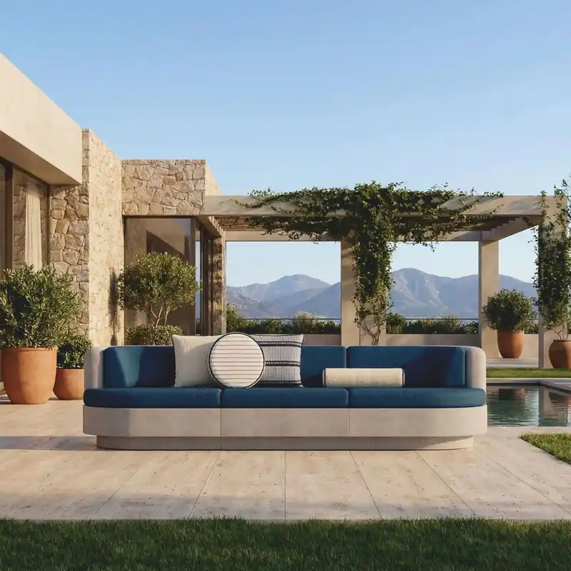 Schneller Versand Casa Padrino sofá de lujo de hormigón gris / azul 294 cm - Sofá de salón y jardín