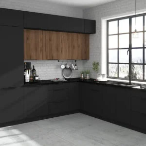 Schnäppchen Eck-Küchenmöbelset Brianza / Schwarz 330x210 cm Griffe aus Metall sehen in modernen Innenräumen toll aus