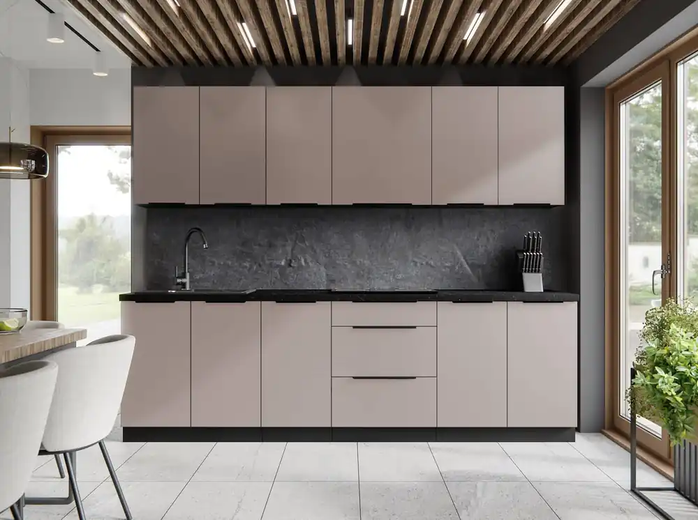 Tarraco 260 cm Küchenmöbel Set Metallkanten Griffe Schränke sehen toll aus in modernen Interieurs Sofort Bestellen