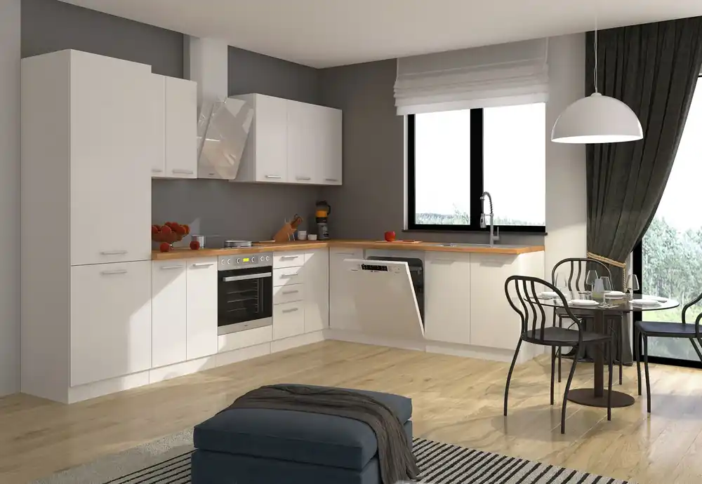 Preisreduziert Eck-Küchenmöbel-Set EkoWhite 310x230 cm Minimalismus des skandinavischen Stils und Modernismus der einfachen Form ideal für jedes Interieur