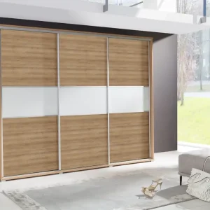 Super-Preis Schiebeschrank Florence 277 cm Eiche riviera modernes Design Aluminium Türführungen und praktischer Sockel mit zwei Schubladen