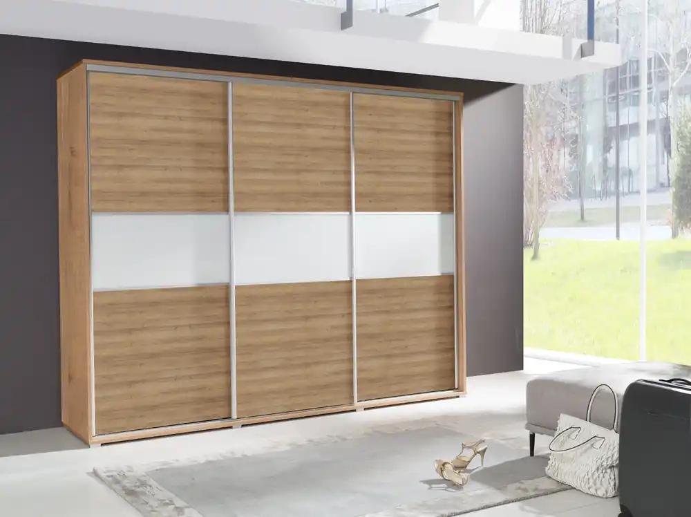 Super-Preis Schiebeschrank Florence 277 cm Eiche riviera modernes Design Aluminium Türführungen und praktischer Sockel mit zwei Schubladen
