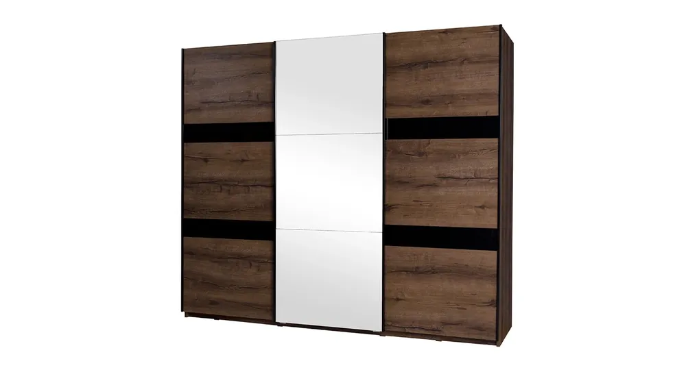 Kleiderschrank Denver 250 cm Eiche monastery / schwarz glänzend geräumiger Schiebeschrank mit internen Schubladen ideal für Schlafzimmer Direkt Vom Hersteller