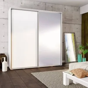 Verspiegelter Schiebeschrank Penelopa 205 cm weiß modernes Garderobendesign Aluminiumtürführung und Laufsystem Preisreduziert