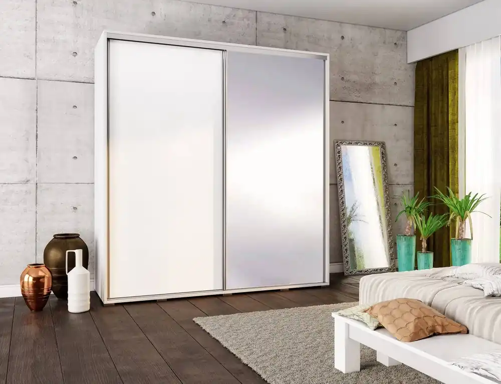 Verspiegelter Schiebeschrank Penelopa 205 cm weiß modernes Garderobendesign Aluminiumtürführung und Laufsystem Preisreduziert