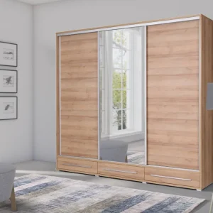 Schiebeschrank Hajfa 255 cm Eiche riviera modernes Design Kleiderschrank mit Spiegel Korpus aus 22mm starker Platte Must-Have