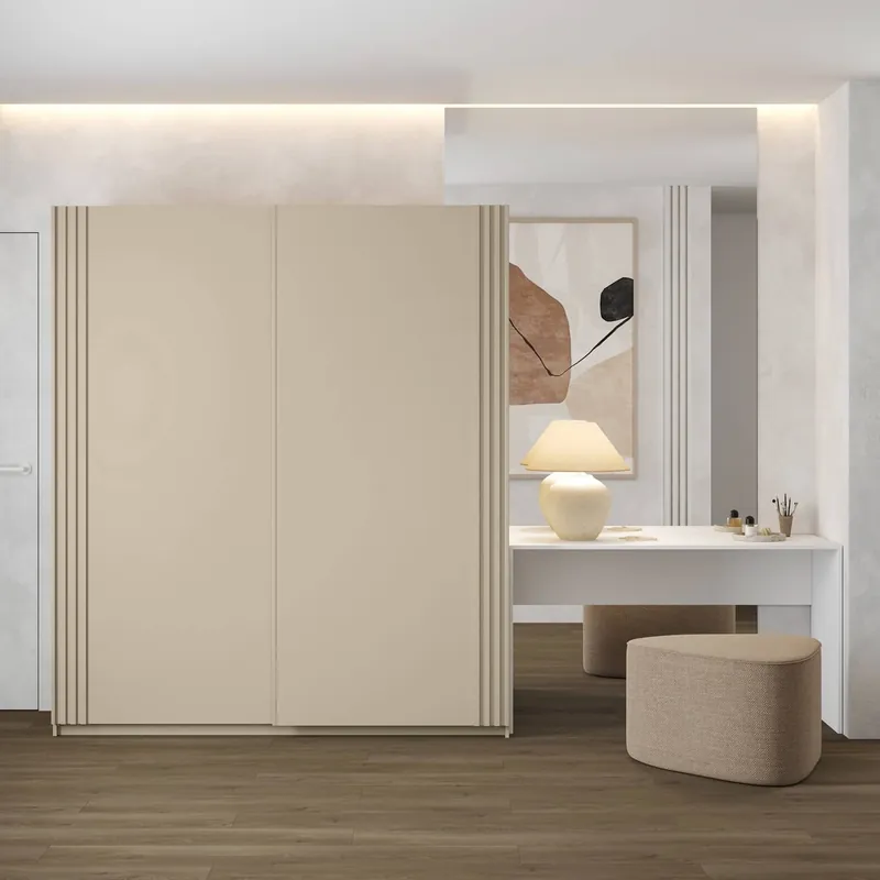 Schiebeschrank Niva 180 cm beige geräumiger Kleiderschrank mit Lamellen verziert ist perfekt für Räume jeder Größe Online Kaufen