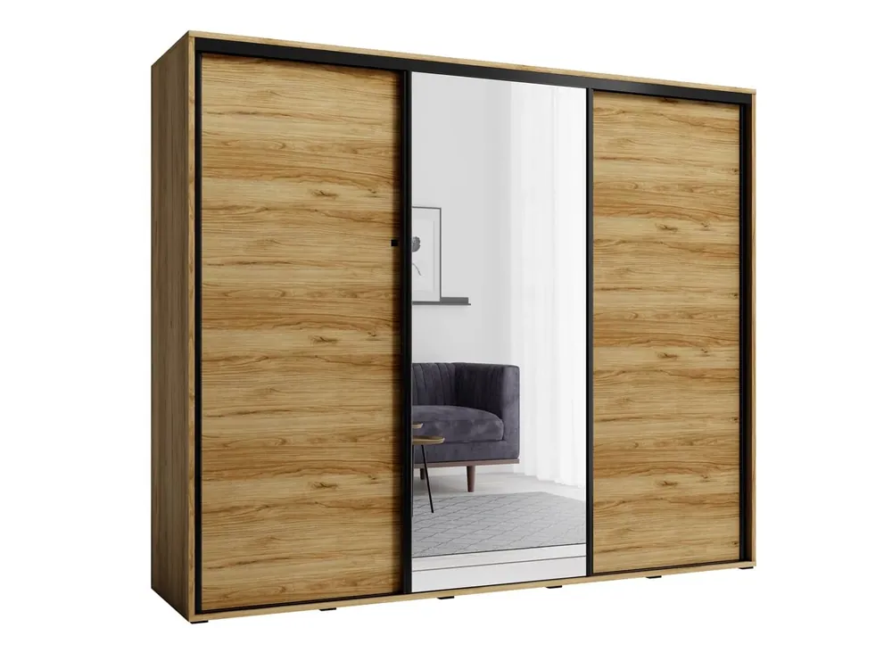 Must-Have Schiebeschrank mit Spiegel Penelope 255 cm Eiche catania modernes Design und ABS-Finish ideale Garderobe für Schlafzimmer oder Ankleidezimmer