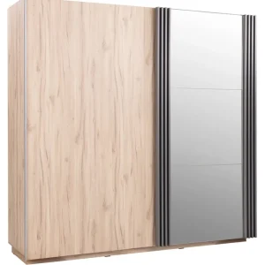 Schiebeschrank mit Spiegel Estan 215 cm Eiche hell / anthrazit modernes Möbeldesign Schranktür mit Lamellen verziert Top-Preis