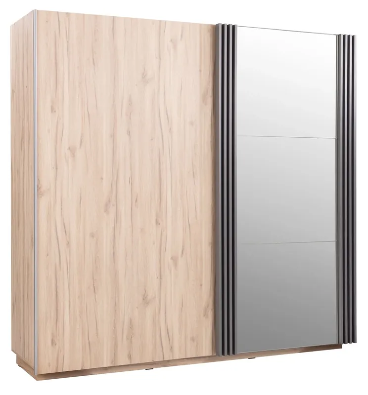 Schiebeschrank mit Spiegel Estan 215 cm Eiche hell / anthrazit modernes Möbeldesign Schranktür mit Lamellen verziert Top-Preis