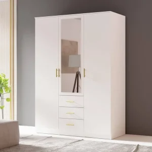 Aktuell Kleiderschrank Adel 150 cm weiß elegantes Design klassische Form der Garderobe mit Spiegel für Schlafzimmer oder Kleiderschrank geräumige Schubladen goldene Griffe