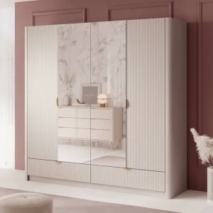 Letzte Chance Spiegelschrank Lante 213 cm beige stilvoller Kleiderschrank mit Schubladen in modernem Design geriffelte Fronten originelle geschwungene Form