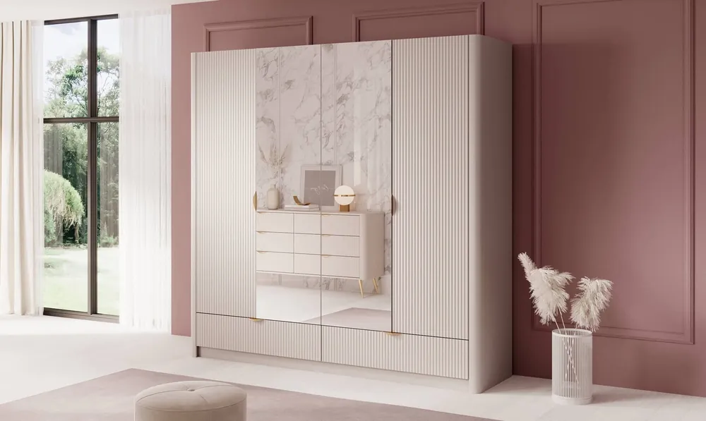 Letzte Chance Spiegelschrank Lante 213 cm beige stilvoller Kleiderschrank mit Schubladen in modernem Design geriffelte Fronten originelle geschwungene Form