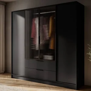 Kleiderschrank Corse 206 cm schwarz modernes Design Kleiderschrank mit Glasfronten ideal für Schlafzimmer Kleiderschrank mit Kleiderstange zum Aufhängen Schneller Versand