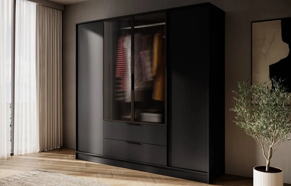 Kleiderschrank Corse 206 cm schwarz modernes Design Kleiderschrank mit Glasfronten ideal für Schlafzimmer Kleiderschrank mit Kleiderstange zum Aufhängen Schneller Versand