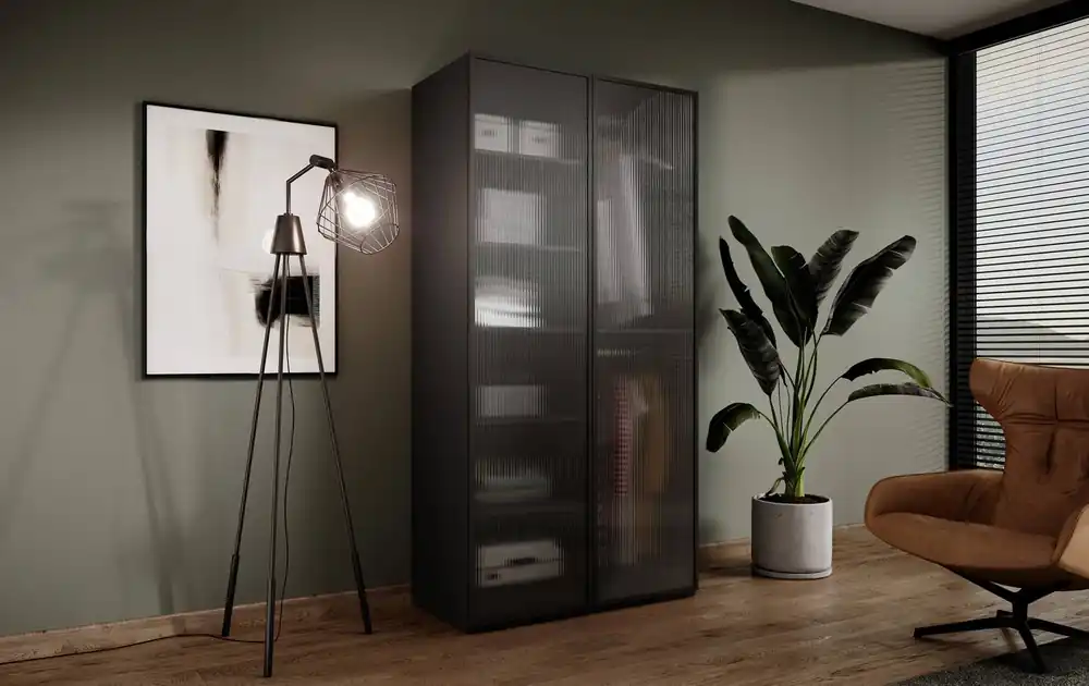 Kleiderschrank Sandbox 101 cm schwarz eleganter und funktioneller Schrank mit Glasfronten ein Möbelstück aus der modularen Schrankkollektion geriffeltes Glas Garantierte Lieferung