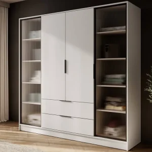 Kleiderschrank Corse 206 cm beige modernes Design Kleiderschrank mit Glasfronten und geräumigen Schubladen ideal für Schlafzimmer und Büros Sonderaktion