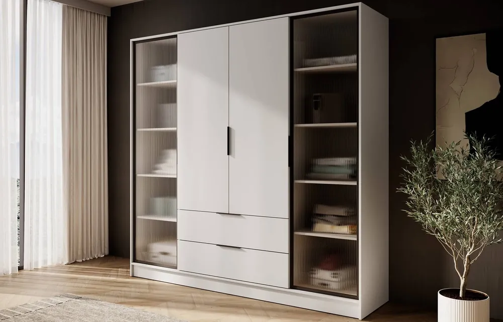 Kleiderschrank Corse 206 cm beige modernes Design Kleiderschrank mit Glasfronten und geräumigen Schubladen ideal für Schlafzimmer und Büros Sonderaktion