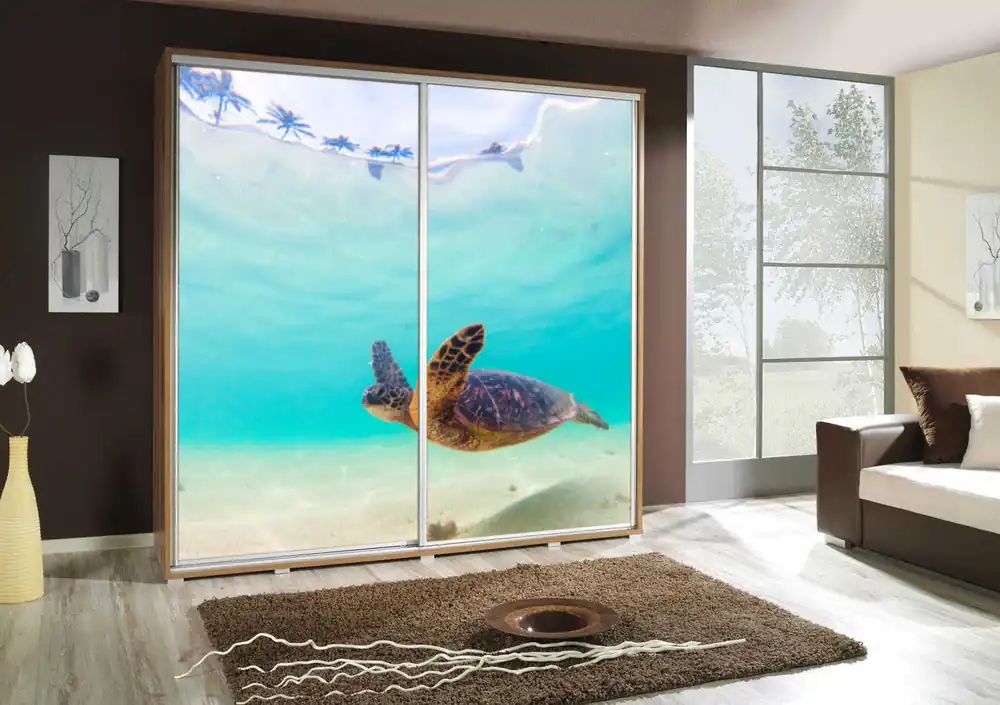 Sichere Zahlung Artistino 205 cm Schiebeschrank mit Schildkrötengrafik Schrankkorpus in Eiche catania aus 22 mm starker Platte