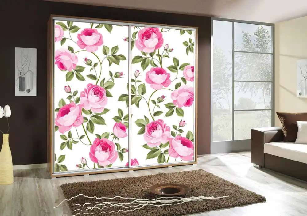 Artistino 205 cm Schiebeschrank mit Rosengrafik Schrankkorpus in Eiche Catania aus 22 mm starker Platte Bestpreis