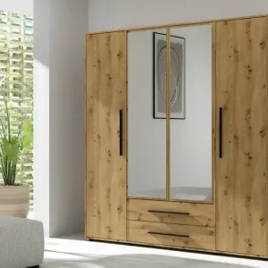 Neue Ware Spiegelschrank Maxione 198 cm Eiche handwerklich geräumiger Kleiderschrank für ein Schlafzimmer Jugendzimmer oder Flur mit Schubladen bereichert