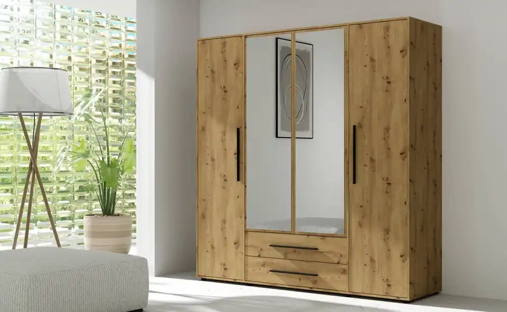 Neue Ware Spiegelschrank Maxione 198 cm Eiche handwerklich geräumiger Kleiderschrank für ein Schlafzimmer Jugendzimmer oder Flur mit Schubladen bereichert