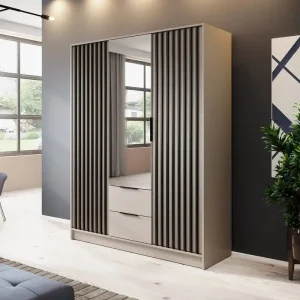 Spiegelschrank Aspen 155 cm Beige / schwarze Lamellen modernes Möbeldesign Schranktür mit Lamellen verziert Top-Preis