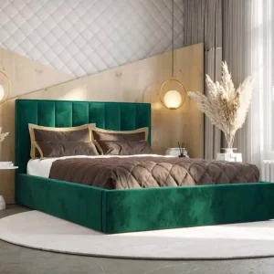 Markenprodukt Polsterbett Rinus 180x200 mit Aufbewahrung Flaschengrün Modernes skandinavisches Stilbett mit bequemem Kopfteil