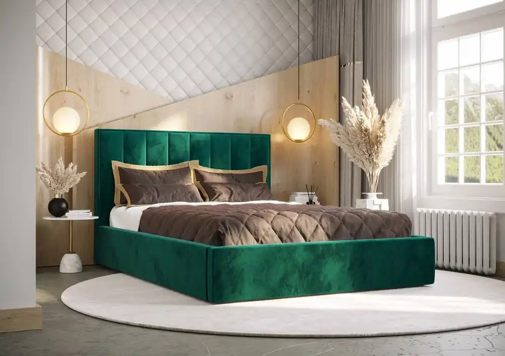 Markenprodukt Polsterbett Rinus 180x200 mit Aufbewahrung Flaschengrün Modernes skandinavisches Stilbett mit bequemem Kopfteil