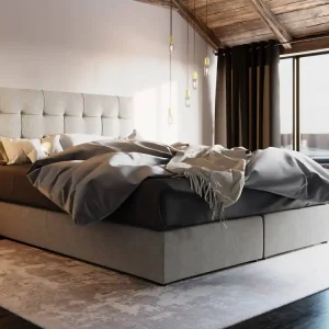 Super-Preis Boxspringbett Widnes 180x200 beige Bett im modernen skandinavischen Stil mit markantem Kopfteil