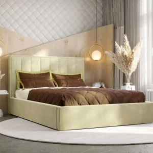 Preiswert Polsterbett Rinus 160x200 mit Container beige im modernen skandinavischen Stil mit bequemer Kopfstütze