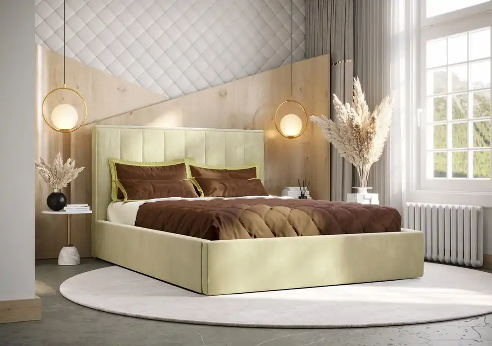 Preiswert Polsterbett Rinus 160x200 mit Container beige im modernen skandinavischen Stil mit bequemer Kopfstütze