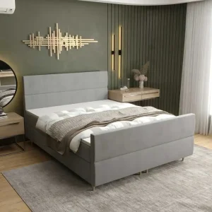 Boxspringbett Benet 140x200 hellgrau im modernen skandinavischen Stil mit markantem Kopf- und Fußteil Neue Ware