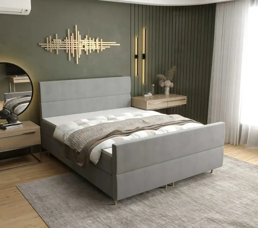 Boxspringbett Benet 140x200 hellgrau im modernen skandinavischen Stil mit markantem Kopf- und Fußteil Neue Ware