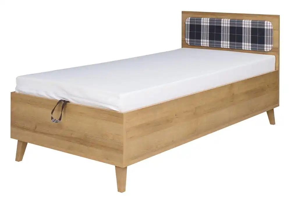 Bett Memone 90x200 cm Eiche Gold Bett mit Bettzeugablage ideal für Kinderzimmer im skandinavischen Stil gepolstertes Kopfteil Geprüft