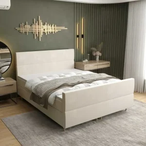 Geprüft Boxspringbett Benet 140x200 Beige moderner skandinavischer Stil mit charakteristischem Kopfteil Kontinentale Bett