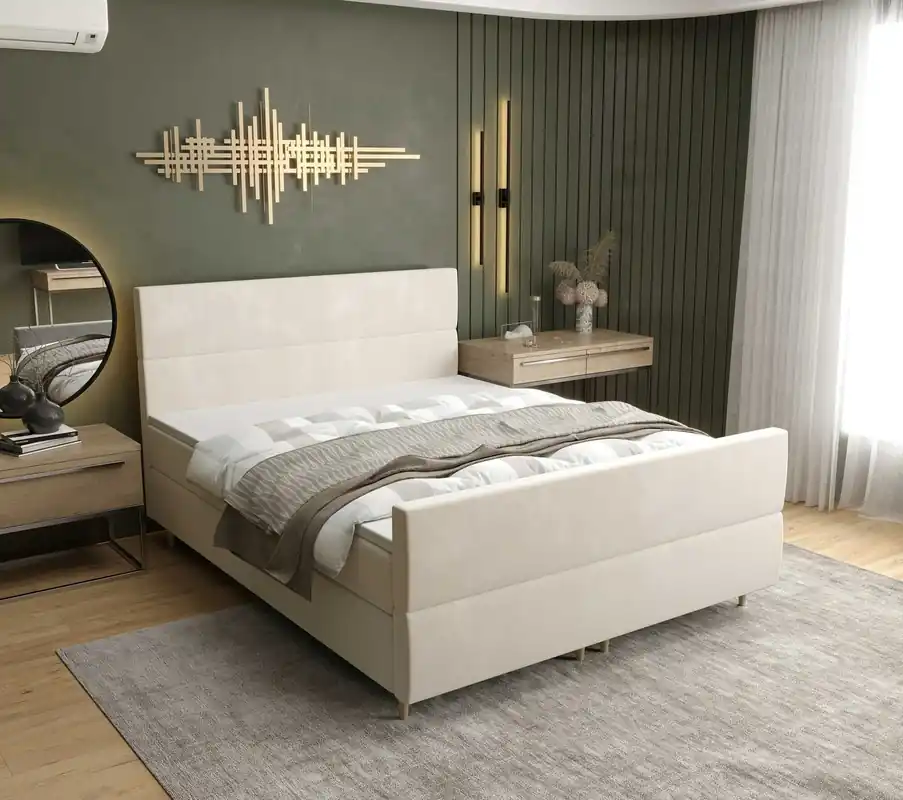 Geprüft Boxspringbett Benet 140x200 Beige moderner skandinavischer Stil mit charakteristischem Kopfteil Kontinentale Bett