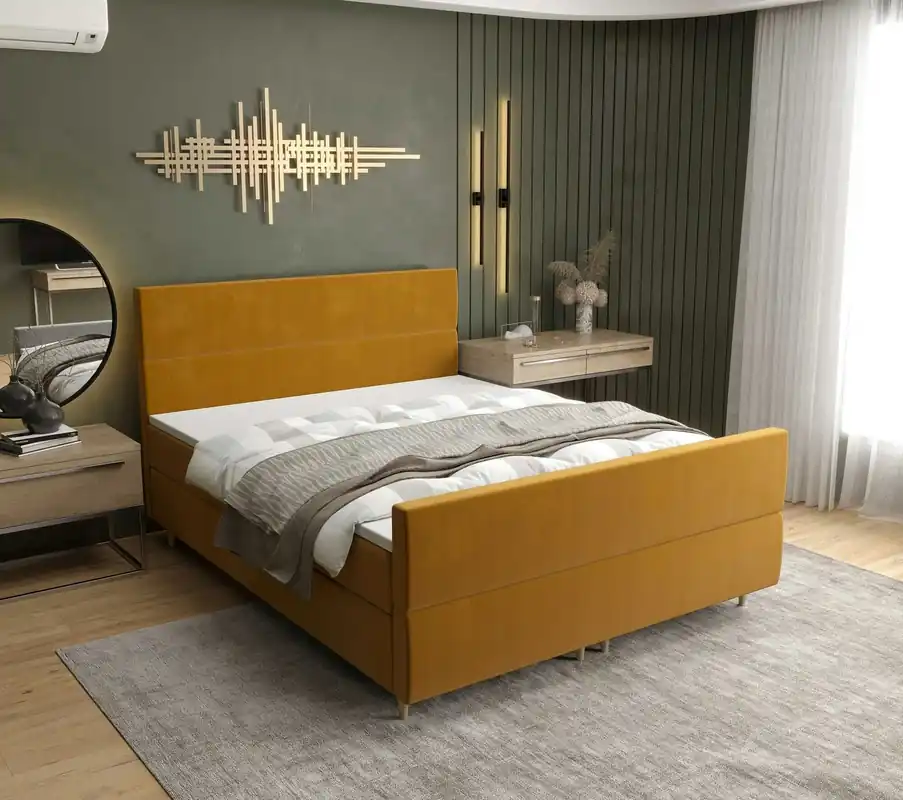 Angebot Boxspringbett Benet 140x200 Senfgelb moderner skandinavischer Stil mit charakteristischem Kopfteil Kontinentale Bett