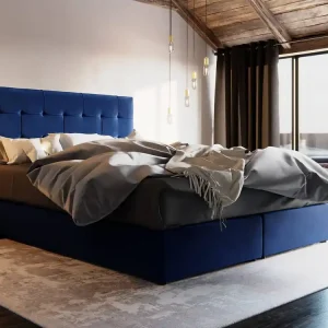 Boxspringbett Widnes 180x200 marineblau im modernen skandinavischen Stil mit markantem Kopfteil Online Kaufen