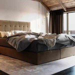 Boxspringbett Widnes 140x200 hellbraunes Bett im modernen skandinavischen Stil mit markantem Kopfteil Ausverkauf