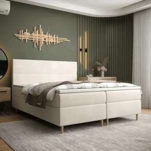 Boxspringbett Bing 140x200 beige im modernen skandinavischen Stil mit markantem Kopfteil Preiswert