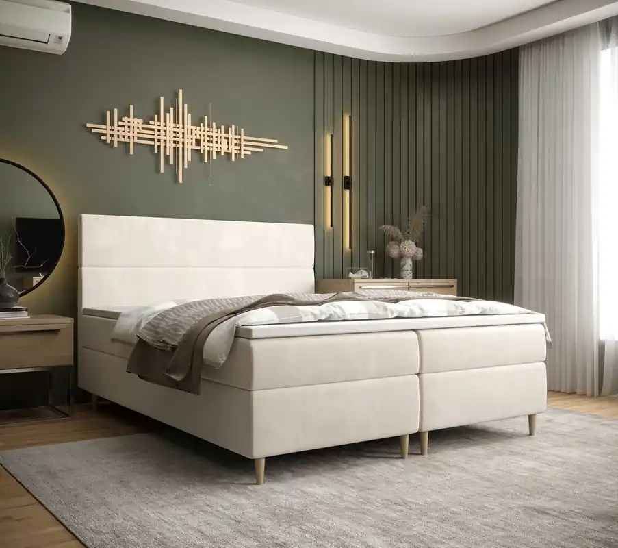 Boxspringbett Bing 140x200 beige im modernen skandinavischen Stil mit markantem Kopfteil Preiswert